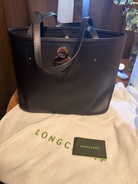 Longchamp Black Leather Tote with Gold-Tone Turnlock